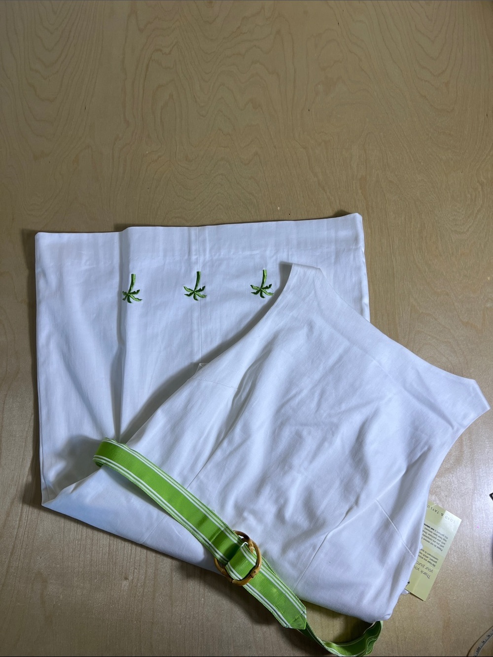 Molly B White Dress with Green Belt and Palm Embroidery size 8